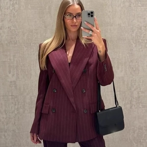 Women Double Breasted Polyester Blazer And Trousers Burgundy Pinstripe Long Sleeve Business Casual British Style Elegant Office
