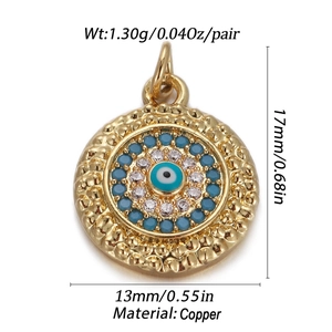 Detailed view of evil eye pendant with dimensions 17x13mm and 1.30g weight info