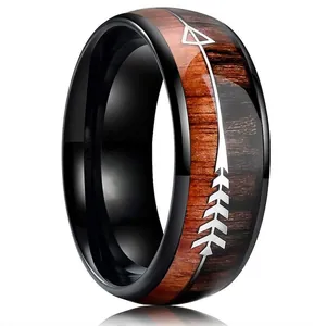 8mm black tungsten carbide ring for men with wood inlay and silver arrow design