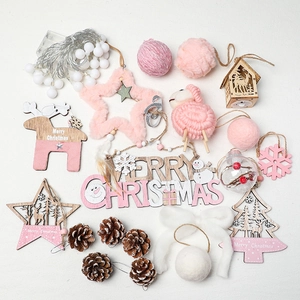 DIY Wooden Christmas tree wall hanging set with LED lights and pink wool ornaments