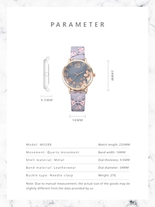 Detailed size specifications for pink floral watch with leather strap and rose gold case