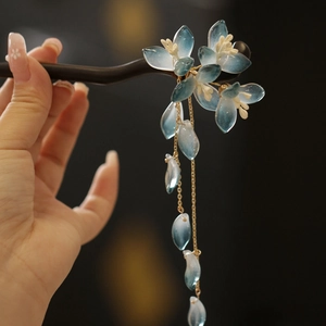 Épingle à cheveux chinoise avec fleurs en verre bleu et glands dorés pour Qipao