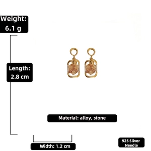 Detail view of square stone earrings with 925 silver needle, 2.8cm length and 6.1g weight