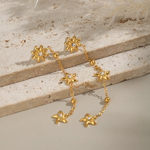 Close-up of golden flower stud earrings with shimmering rhinestones on a stone surface