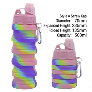 Camo collapsible silicone sports water bottle 500ml with carabiner and spiral lid
