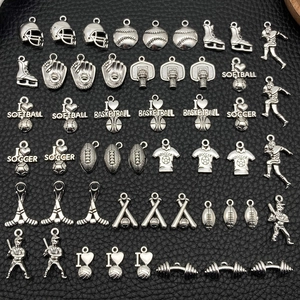 Detailed silver alloy sports charms including basketball, football, and soccer pendants