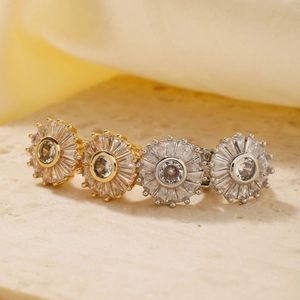 Elegant vintage sunflower earrings with sparkling zircon crystals in gold and silver plating