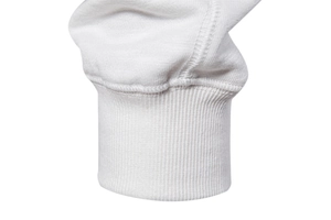 Detail shot of white ribbed cuffs and seamless stitching on casual cotton sweatshirt