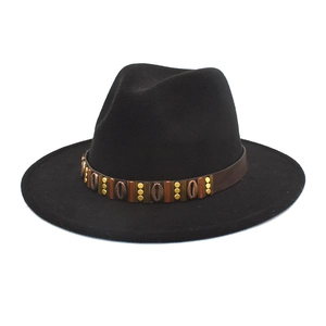 Classic black wide brim fedora with vintage leather band and bronze rivets for men and women