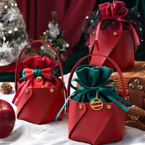 Christmas Gift Bag PU Leather And Velvet Drawstring Candy Packaging Basket Portable Handbag With Metal Tag Festive Decor