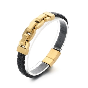 Men's vintage braided leather bracelet with gold stainless steel chain ornament