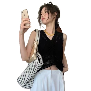 Minimalist black hollow knit vest with V-neck design shown on a professional model