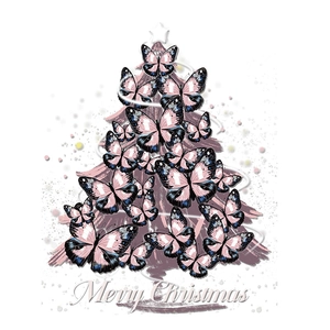 Pink and black butterfly Christmas tree wall sticker with glowing star and Merry Christmas text