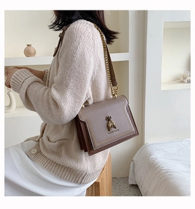 Detail of crossbody bag with golden bee hardware and Versailles Paris logo on model