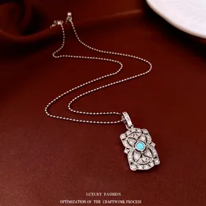 Vintage Copper Necklace Turquoise Blue Stone Hollow Flower Rectangular Pendant Zircon Ball Chain Women Jewelry