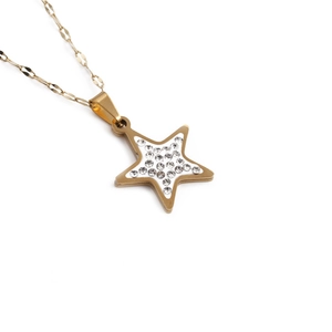 Elegant gold star pendant necklace with sparkling white rhinestones on white background