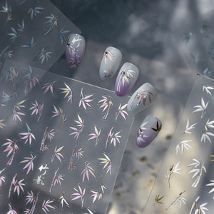 Bamboo shadow nail art stickers with purple gradient and holographic silver leaf design