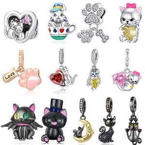 Cute Cat Charms Beads DIY Jewelry Making Copper Enamel Zircon Animal Theme Fashion Accessories For Women
