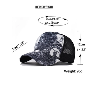 Detailed size guide of a vintage black mesh baseball cap with street style printing