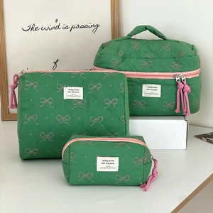 Quilted Green Makeup Bag Cotton Portable Bow Print Cosmetic Pouch Zipper Toiletry Organizer Cute Travel Aesthetic Case Women