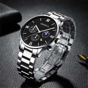 Men's silver stainless steel business watch with black Roman numeral dial and calendar
