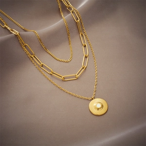 Retro multi-layer 18k gold plated titanium steel sunburst disc necklace for women