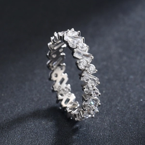 Luxury S925 sterling silver geometric eternity ring with micro-pave rectangular zircons