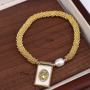 Gold beaded bracelet with white pearl and religious rectangular pendant, 17cm length