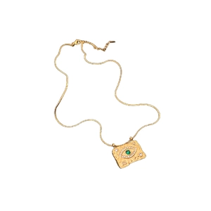 Collana vintage dorata con maglie in bambù, perla e ciondolo occhio del male verde