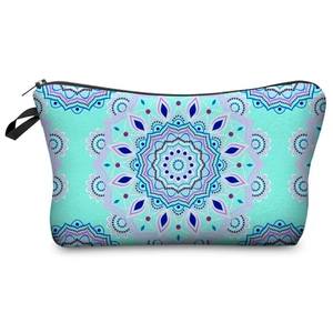 Blue mandala floral makeup bag for travel with purple pattern and secure zipper closure
