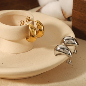 Polished Geometric Bean Hoop Earrings 18K Gold Plated 304 Stainless Steel With 925 Sterling Silver Earring Post Women