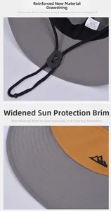 Detail of adjustable chin strap and 8cm wide brim on waterproof grey sun hat