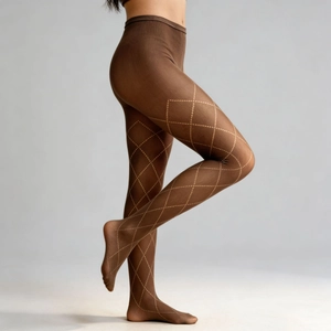 Detail of argyle pattern and elastic waistband on brown patterned tights for women