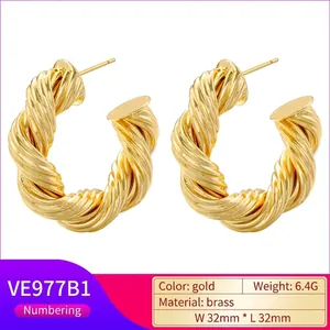 French vintage 18k gold plated brass hoop earrings with twisted rope texture design