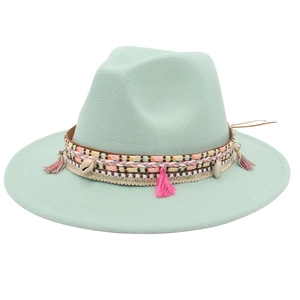 Mint green wool fedora hat with bohemian shell ornaments and colorful tassels