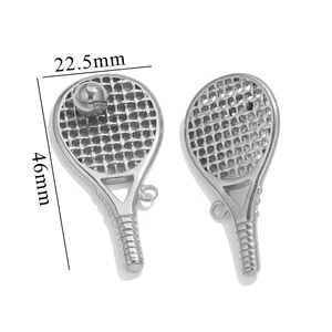 Macro shot of silver tennis racket pendants with dimensions of 22.5mm by 46mm