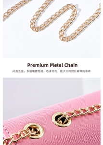 Detail of pink cross-grain leather bag featuring polished gold metal chain strap hardware