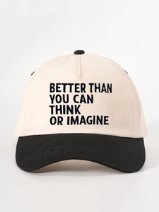 Detail view of cotton baseball cap with BETTER THAN printed text and contrast black brim