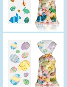 Easter gift bags detail showing colorful egg and bunny stickers on snack packaging