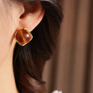 Vintage gold-plated square resin stud earrings featuring brown cat-eye stone for women