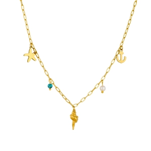 Gold stainless steel necklace with starfish, anchor, shell, pearl and turquoise charms
