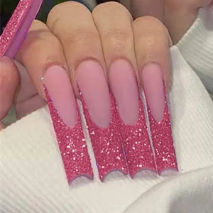 Extra Long Square Press On Nails Pink Glitter French Tip Glossy Fake Nails Fashion Manicure For Women Girls Accessory