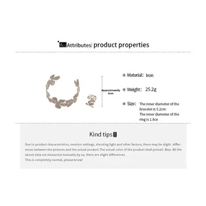 Detailed specs of the matte leaf-shaped cuff bracelet and ring set made of iron
