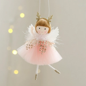 Pink sequin Christmas angel tree topper with feather wings and gold antlers for party decor