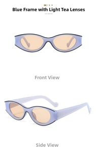 Front and side view of blue oval cat-eye sunglasses with light amber lenses