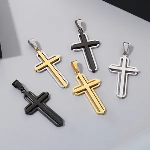 Layered Cross Pendant Necklace Stainless Steel Hollow Design Minimalist Religious Jewelry For Men