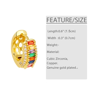 Detailed view of genuine gold plated copper hoop earring with colorful cubic zirconia stones