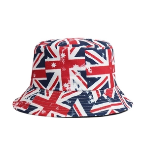 Classic bucket hat with distressed Union Jack flag print and stars on white background