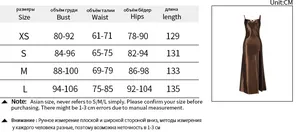 Size chart for backless satin evening dress including bust, waist and hip measurements