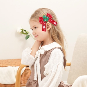 Christmas ribbon bow hair clip with snowflake pattern and green sequin tree for girls